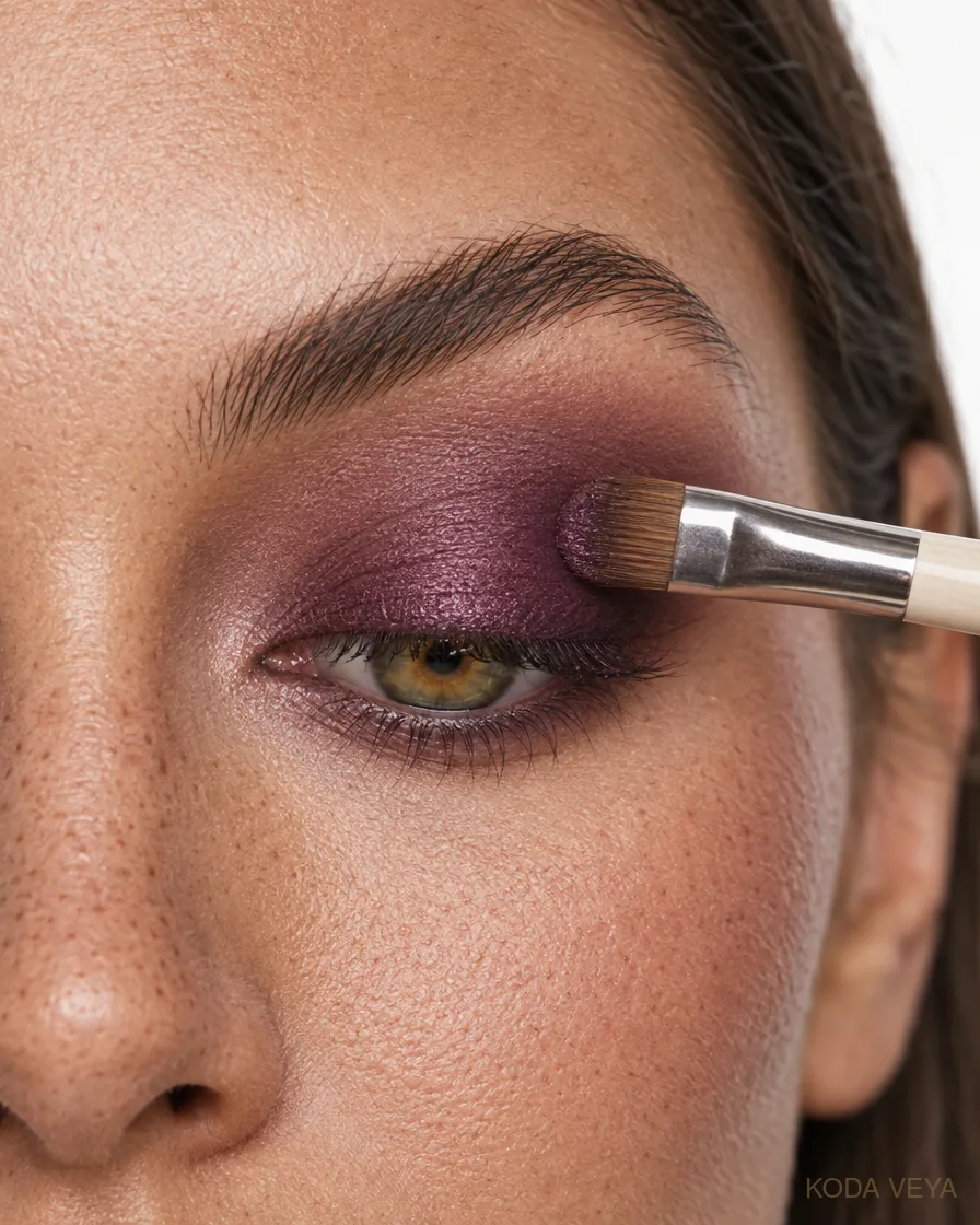 Plum smoky eye step 2: Sweep plum over most of the lid. Blackberry and wine tones read richer than bright violet