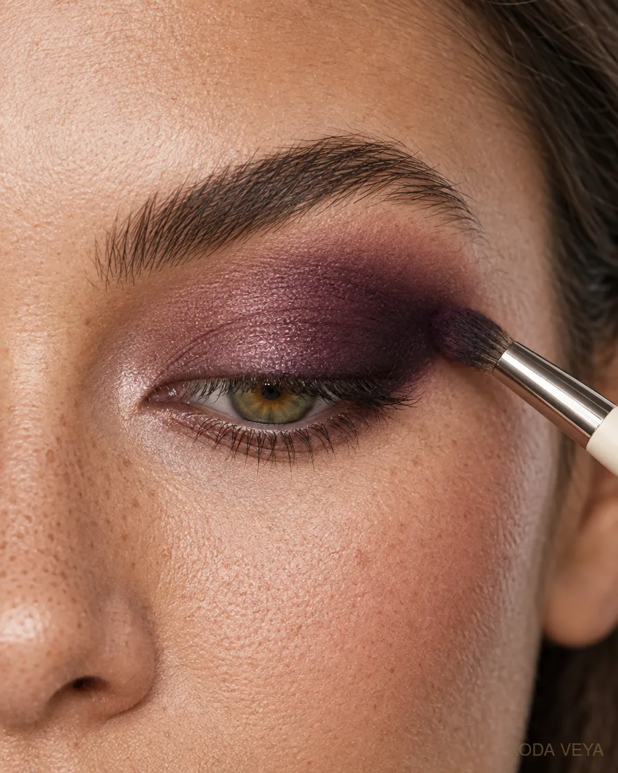 Plum smoky eye step 3: Blend the deeper blackberry into the outer third and crease, keeping the inner eye lighter