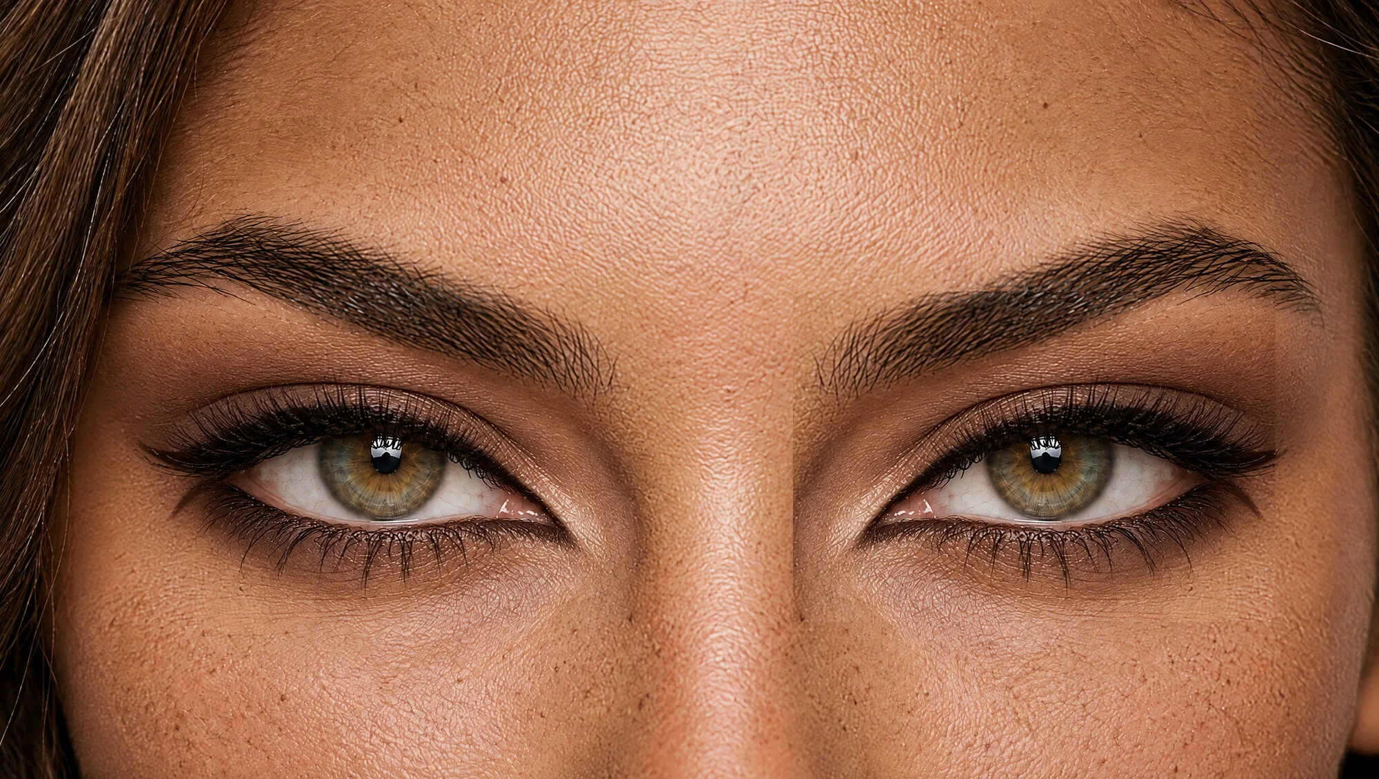 Puppy eyeliner on hazel-green eyes: soft brown liner along the upper lashes that angles gently downward at the outer corner