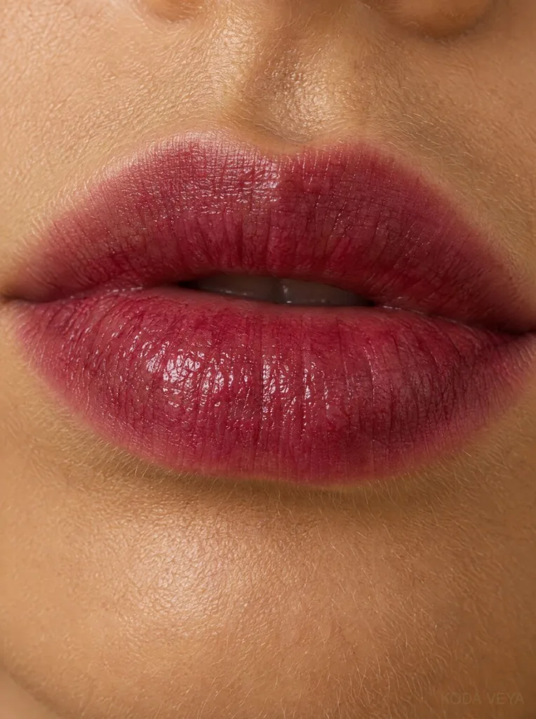 Close-up of lips wearing a sheer berry lip stain with natural lip texture showing through