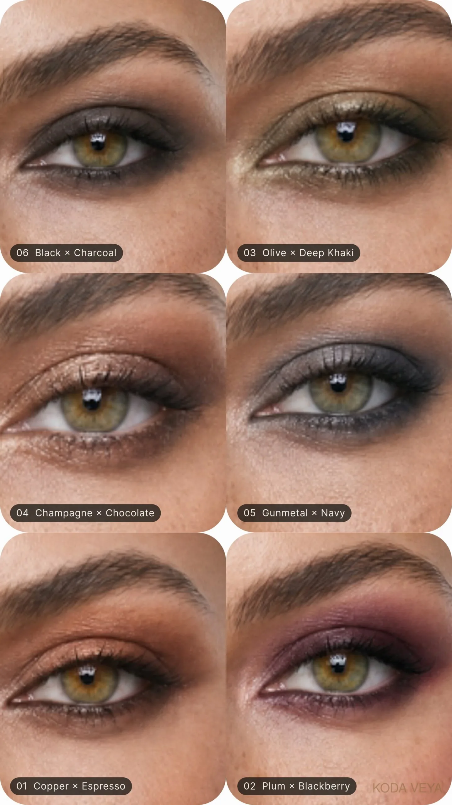 Six smoky eye looks side by side on the same hazel eye, labelled: copper, plum, olive, champagne, gunmetal and black