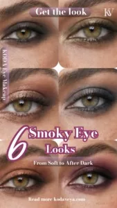 Six close-up smoky eye looks on the same hazel eye, from soft copper and champagne to olive, gunmetal and plum, with the words 6 Smoky Eye Looks, From Soft to After Dark