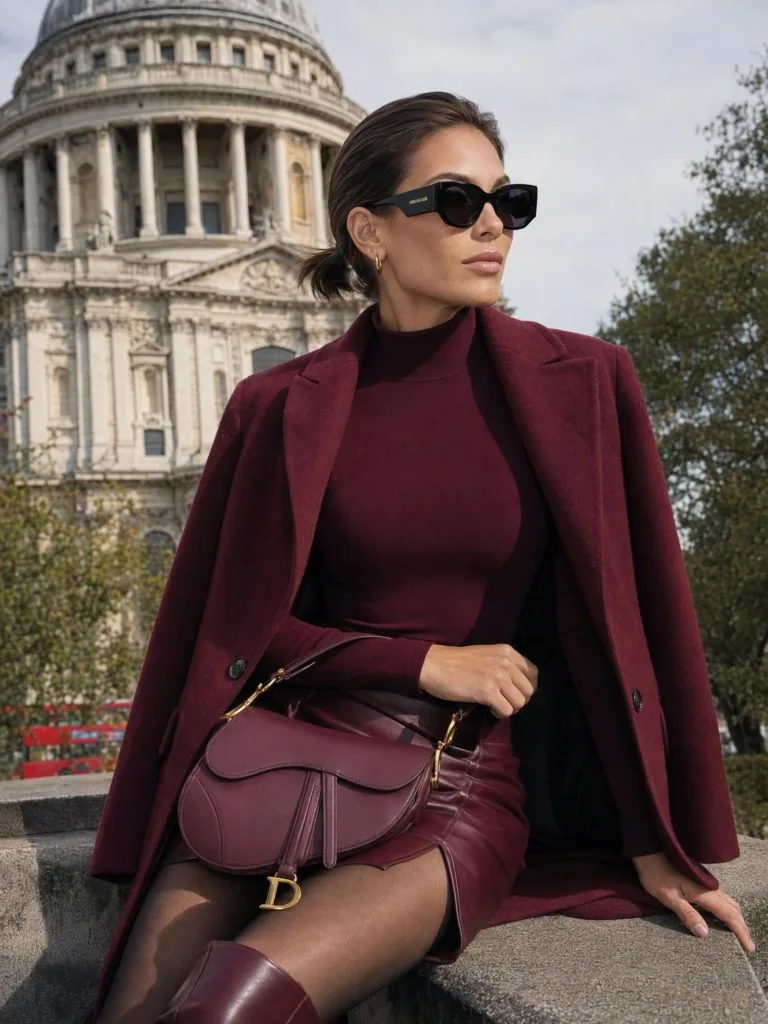 Koda Veya by St Paul's Cathedral in a burgundy coat, roll-neck, leather skirt and knee boots