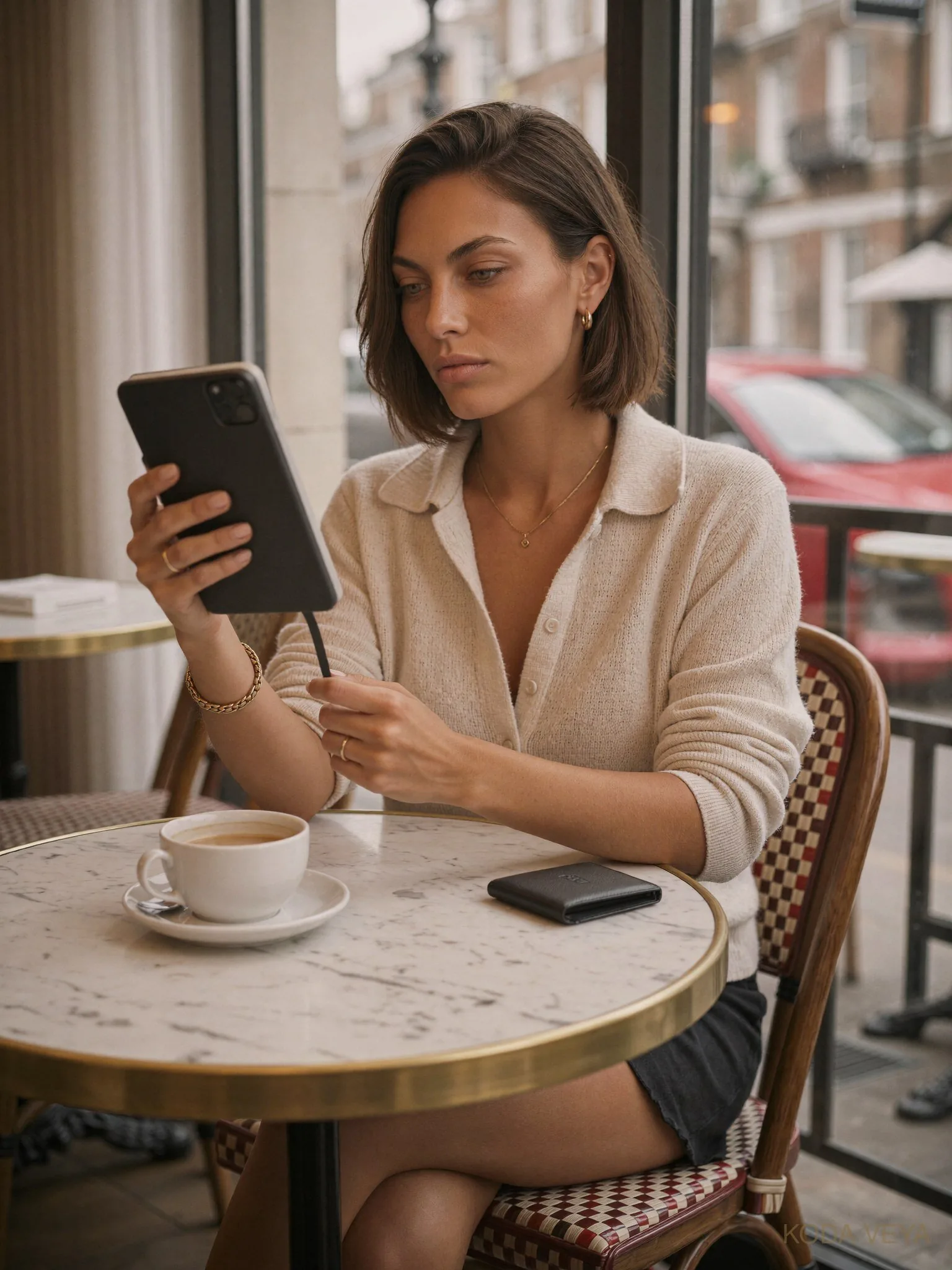 Koda Veya reading an e-reader at a marble cafe table in London, a flat white and a slim black card wallet beside her