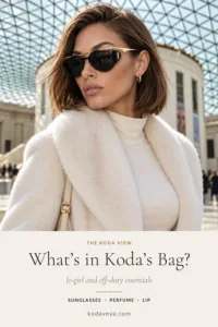 What's in my bag pin: Koda Veya in Saint Laurent sunglasses at the British Museum, titled What's in Koda's Bag? It-girl and off-duty essentials