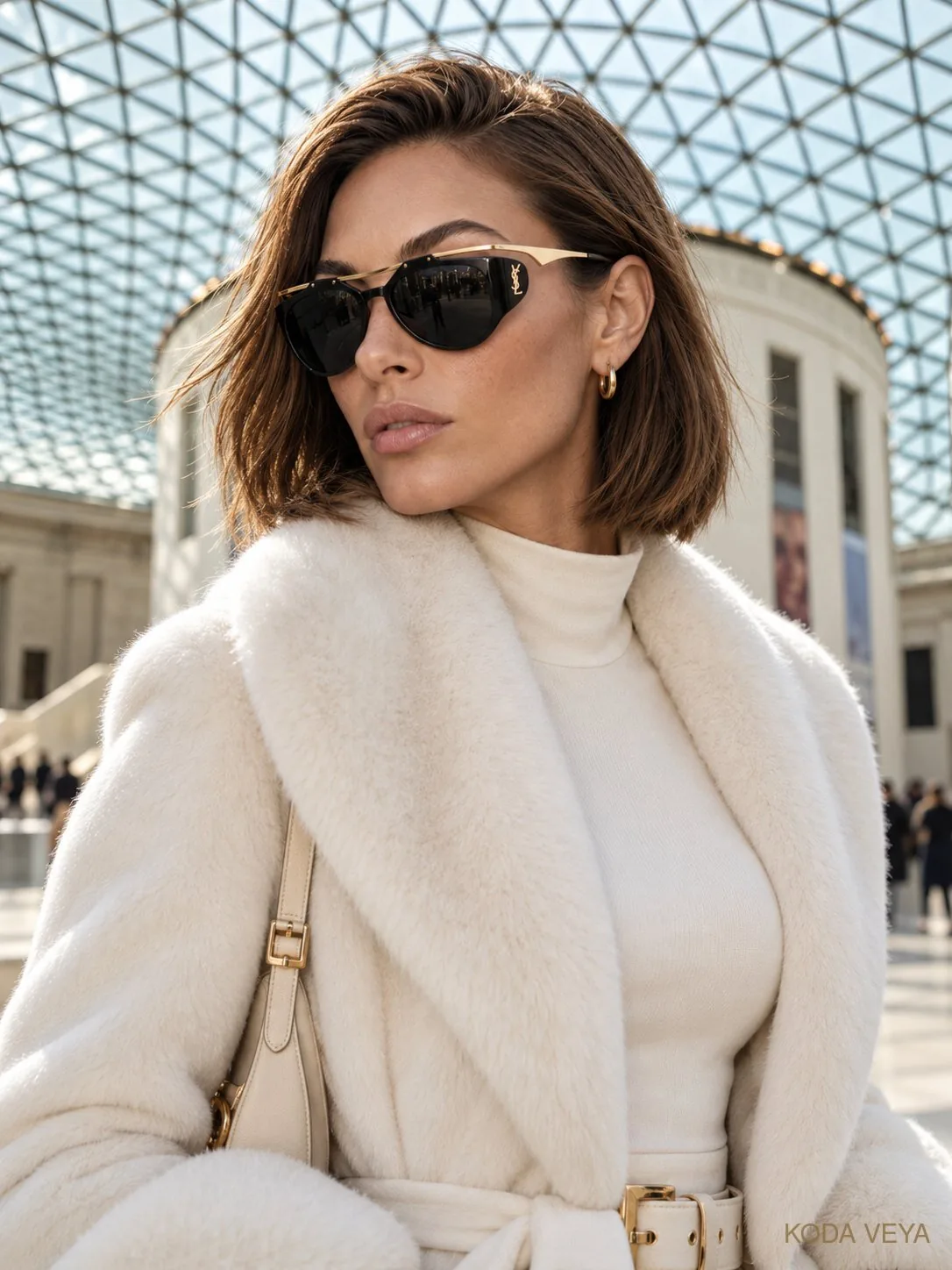 Koda Veya in black and gold Saint Laurent Amelia sunglasses and a cream coat under the glass roof of the British Museum Great Court