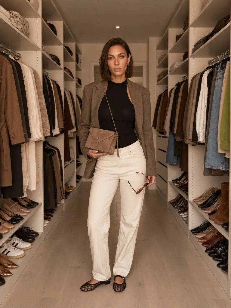 Koda Veya in a walk-in wardrobe, wearing a taupe blazer, black knit top and cream jeans