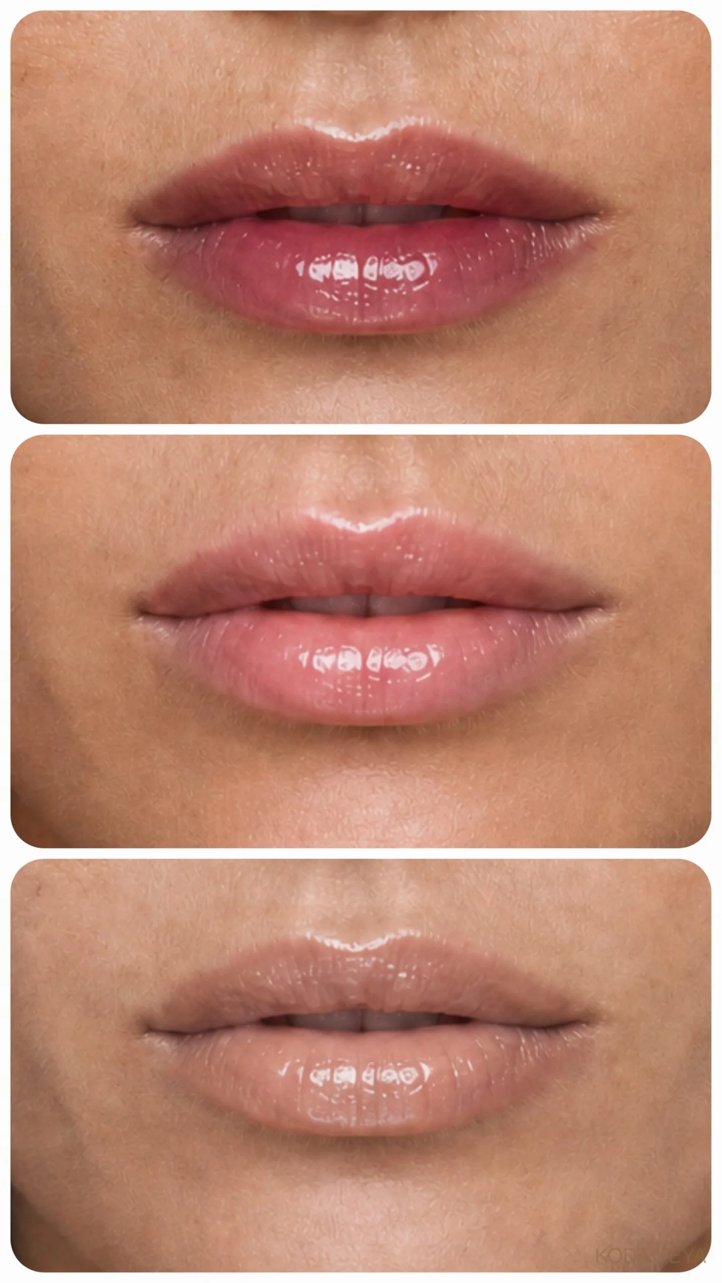 Close-up comparison of Clinique Black Honey, Pink Honey and Nude Honey Almost Lipstick on the same lips, from sheer berry to soft pink to warm nude