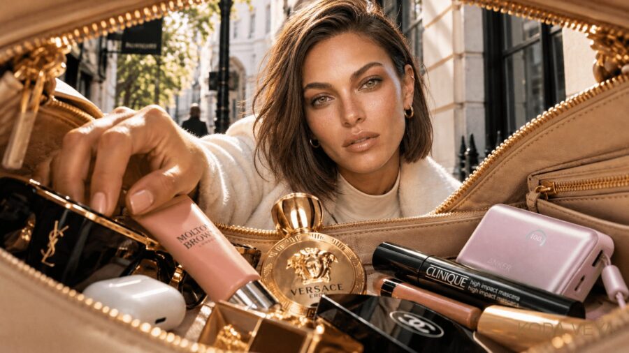 Koda Veya on a London street, reaching into a camel leather bag of beauty essentials